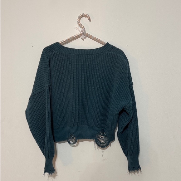 Forever 21 Teal Distressed Sweater - Picture 2 of 8